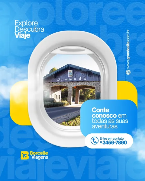 Post para Instagram de agência de viagens com fundo azul e nuvens. Uma janela de avião branca exibe uma paisagem de montanha com um portal de entrada. O texto convida a 'Explore Descubra Viaje' e oferece contato para planejar aventuras.