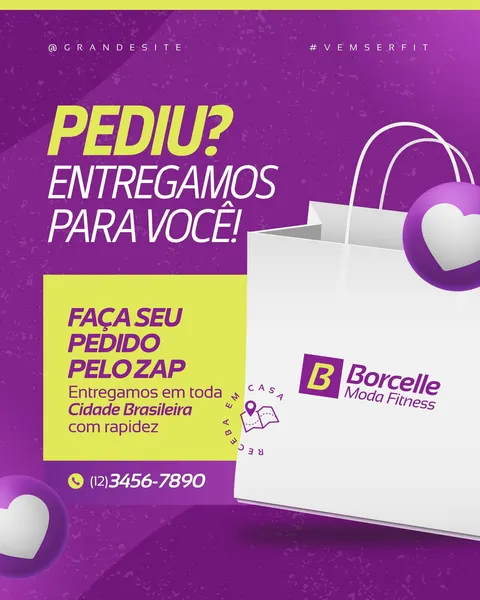 Post de Instagram vibrante em roxo e verde-limão, com texto 'Pediu? Entregamos para você!' e 'Faça seu pedido pelo Zap'. Apresenta uma sacola de compras branca com logo de moda fitness e ícones de coração e localização, promovendo entrega rápida de roupas esportivas e vendas online.