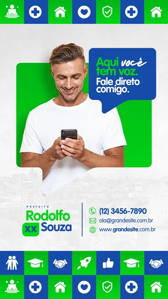 Story de campanha política com um homem sorrindo e segurando um celular, com o texto 'Aqui você tem voz. Fale direto comigo.' em um balão de fala azul. Abaixo, o nome do candidato e informações de contato.