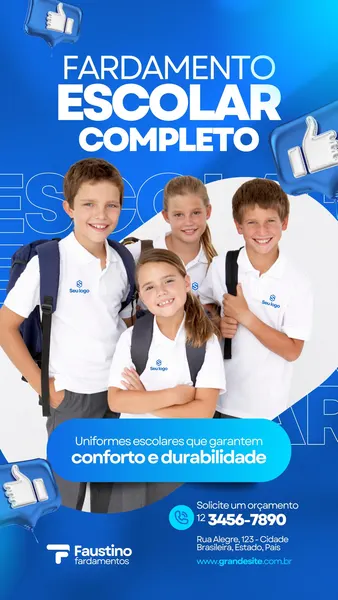 Quatro crianças sorridentes vestindo uniformes escolares brancos com logotipos azuis, usando mochilas pretas. O fundo é azul com o texto "Fardamento Escolar Completo" em branco. Um banner azul claro exibe "Uniformes escolares que garantem conforto e durabilidade".