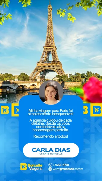 Story para Instagram com fundo da Torre Eiffel em Paris. Um círculo exibe a foto de uma cliente sorrindo, com um balão de texto azul contendo seu depoimento positivo sobre a viagem e a agência de viagens Borcelle.