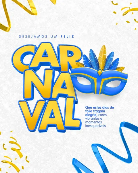 Um post de celebração de Carnaval com a palavra 'CARNAVAL' em letras 3D amarelas com contorno azul. Ao lado, uma máscara de carnaval azul com penas amarelas e azuis. Fundo branco com confetes e fitas douradas e azuis.