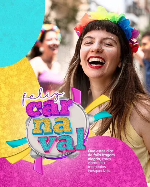 Post de Carnaval vibrante e alegre com uma mulher sorrindo e usando uma coroa de flores colorida e glitter no rosto. O design apresenta formas abstratas em tons de azul, amarelo e rosa choque, com a frase 'Feliz Carnaval' em letras 3D brilhantes sobre um pandeiro. Ideal para redes sociais, transmitindo felicidade e celebração da folia brasileira.