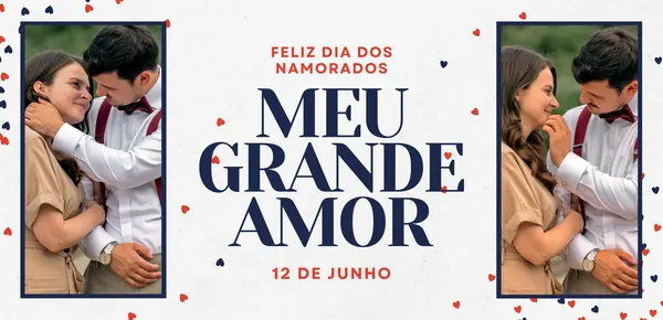 Banner horizontal com fundo branco e corações vermelhos e azuis espalhados. Duas fotos de um casal jovem e apaixonado emolduradas. O texto "Feliz Dia dos Namorados" em vermelho e "Meu Grande Amor" em azul escuro, com a data "12 DE JUNHO" em vermelho.