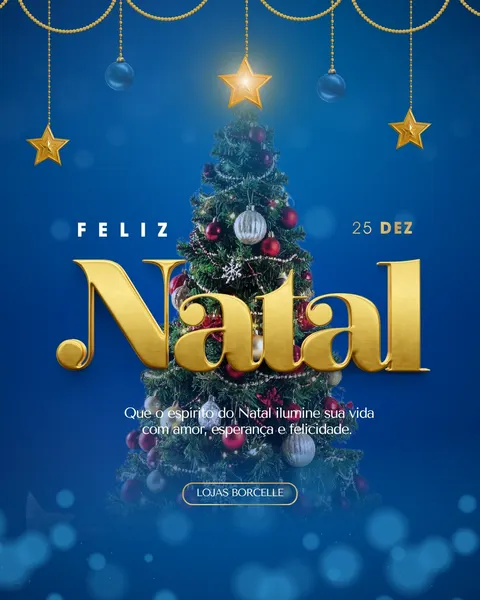 Imagem de post de Feliz Natal com fundo azul escuro gradiente. Apresenta uma árvore de Natal verde decorada com bolas vermelhas e prateadas, e flocos de neve. O texto "Feliz Natal" em dourado vibrante se destaca, com estrelas douradas e bolas azuis penduradas no topo. Uma mensagem inspiradora e a data "25 DEZ" completam o design festivo e elegante.