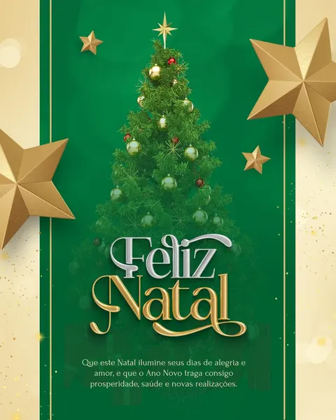 Imagem de Feliz Natal com fundo verde escuro e detalhes dourados. Uma árvore de Natal centralizada, decorada com bolas e estrelas douradas e vermelhas. Estrelas 3D douradas em destaque nas laterais. A frase "Feliz Natal" aparece em letras prateadas e douradas. Uma mensagem de votos de alegria e prosperidade em texto branco na parte inferior. Design moderno e sofisticado para posts institucionais.
