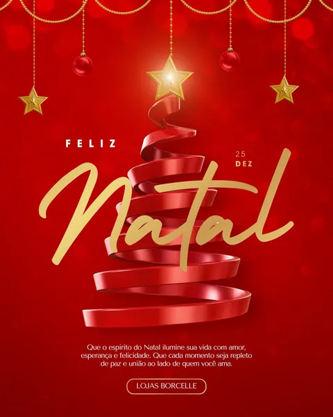 Post de Feliz Natal com fundo vermelho vibrante, apresentando uma árvore de Natal estilizada em fita vermelha tridimensional. Estrelas douradas brilhantes e enfeites de Natal pendem na parte superior. O texto 'Feliz Natal' em dourado destaca-se, acompanhado de uma mensagem institucional e espaço para o nome da empresa. Design moderno e festivo para redes sociais.