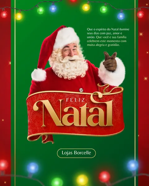 Post de Natal com fundo verde vibrante e bordas vermelhas decoradas com estrelas douradas. Papai Noel sorridente aparece no centro, com um grande "Feliz Natal" em dourado sobre uma fita vermelha ornamentada. Luzes coloridas de Natal enfeitam o topo e a base, criando uma atmosfera festiva e acolhedora, ideal para mensagens de fim de ano.