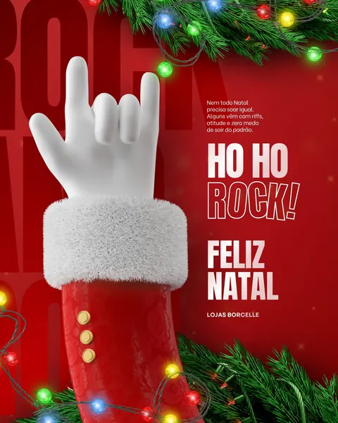 Imagem de post de Natal com fundo vermelho vibrante. Uma mão branca estilizada, como a do Papai Noel, faz o gesto de 'rock and roll', vestindo uma manga vermelha com punho de pele branca. Ramos de pinheiro verde e luzes natalinas coloridas adornam a cena, com a frase 'HO HO ROCK! FELIZ NATAL'. O design é moderno e irreverente, perfeito para uma comunicação festiva e alternativa.