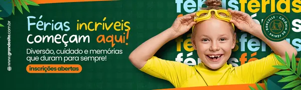 Banner horizontal com fundo verde escuro e elementos laranjas e amarelos. Uma menina sorridente com óculos de natação na testa está no centro. Texto principal: 'Férias incríveis começam aqui!'. Abaixo: 'Diversão, cuidado e memórias que duram para sempre!'. Botão 'Inscrições abertas'.