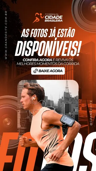 Um homem correndo em uma paisagem urbana, vestindo uma camiseta laranja e fones de ouvido. O template em tons de preto e laranja anuncia "As fotos já estão disponíveis!" e "Baixe agora", perfeito para divulgar fotos de eventos de corrida.