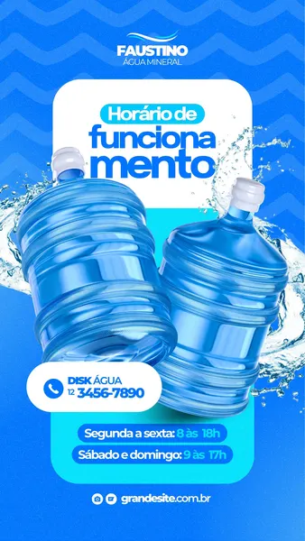 Story do Instagram com fundo azul vibrante e ondas de água. Duas galões de água mineral em destaque, com texto sobre o horário de funcionamento: Segunda a sexta das 8h às 18h e Sábado e domingo das 9h às 17h. Inclui telefone e site.