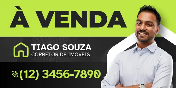 Banner horizontal moderno para corretor de imóveis, com "À VENDA" em preto sobre fundo verde-limão. A seção inferior preta exibe o nome do corretor, um ícone de casa e um número de telefone. À direita, um homem sorridente de camisa social clara. O design profissional e vibrante é ideal para anunciar imóveis online.