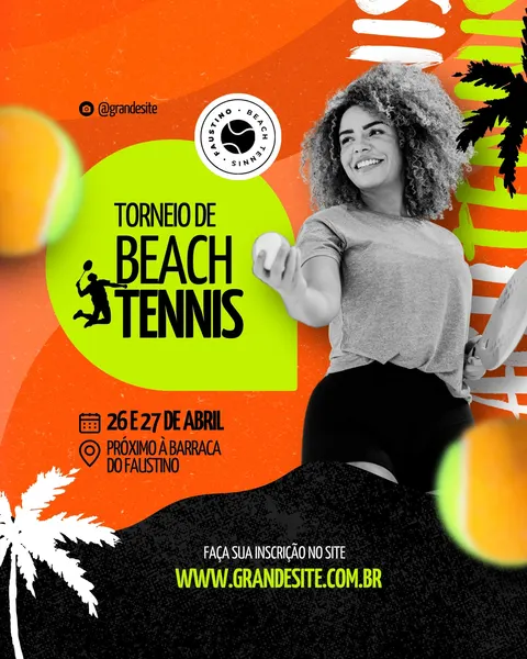 Post para Instagram anunciando um torneio de beach tennis com fundo laranja vibrante, detalhes em verde e branco. Inclui foto de uma mulher sorrindo, silhueta de jogador, logo do torneio, data, local e website para inscrição.