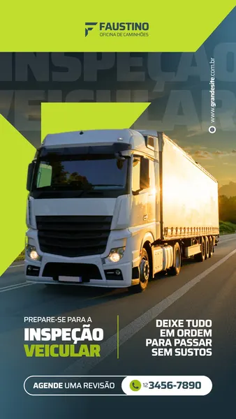 Um caminhão branco em movimento em uma estrada ao pôr do sol, com um fundo verde e azul. O texto destaca "Inspeção Veicular" e "Agende uma Revisão", com informações de contato para uma oficina de caminhões.
