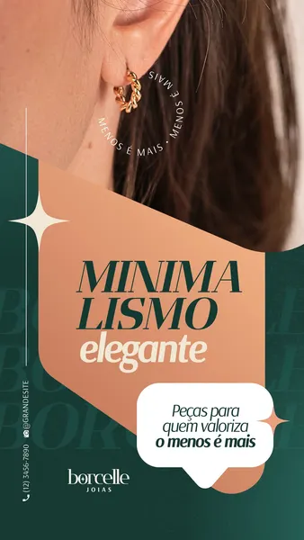 Close-up de um brinco dourado minimalista em um lóbulo de orelha, com o texto 'MINIMALISMO elegante' em destaque. O design em tons de verde e bege transmite sofisticação e modernidade para uma loja de joias.