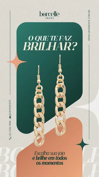 Um story de Instagram com fundo verde escuro e bege, apresentando um par de brincos dourados de corrente. O texto em destaque é 'O que te faz brilhar?' e 'Escolha sua joia e brilhe em todos os momentos'. Ideal para lançamentos de joalheria.