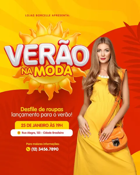 Post de Instagram vibrante com fundo em tons de amarelo e vermelho, simulando um pôr do sol tropical. Apresenta uma mulher sorridente em um vestido amarelo, ao lado de um sol estilizado com o texto 'VERÃO NA MODA'. Abaixo, detalhes para um 'Desfile de roupas lançamento para o verão', incluindo data, local e contato. Ideal para lojas de moda.