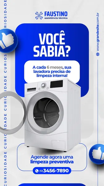 Um Story de Instagram em tons de azul e branco, com uma lavadora de roupas branca em destaque. O design moderno inclui um balão de fala azul com a pergunta "VOCÊ SABIA?" e a informação sobre limpeza preventiva. Há ícones de "curtir" e informações de contato para agendamento, ideal para assistência técnica de eletrodomésticos.