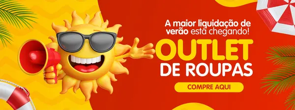 Banner horizontal vibrante em vermelho e amarelo para liquidação de verão. Apresenta um sol sorridente com óculos escuros e megafone, anunciando um outlet de roupas. Elementos de praia como folhas de palmeira, guarda-sol e boia salvavidas decoram o fundo, criando um clima festivo e convidativo para promoções de moda.