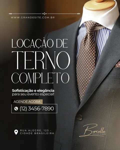 Close-up de um terno masculino preto com detalhes em dourado, exibindo a gola, gravata e parte do paletó. O texto destaca 'Locação de Terno Completo' e 'Sofisticação e elegância para seu evento especial!', com um botão 'Agende Agora' e contato.
