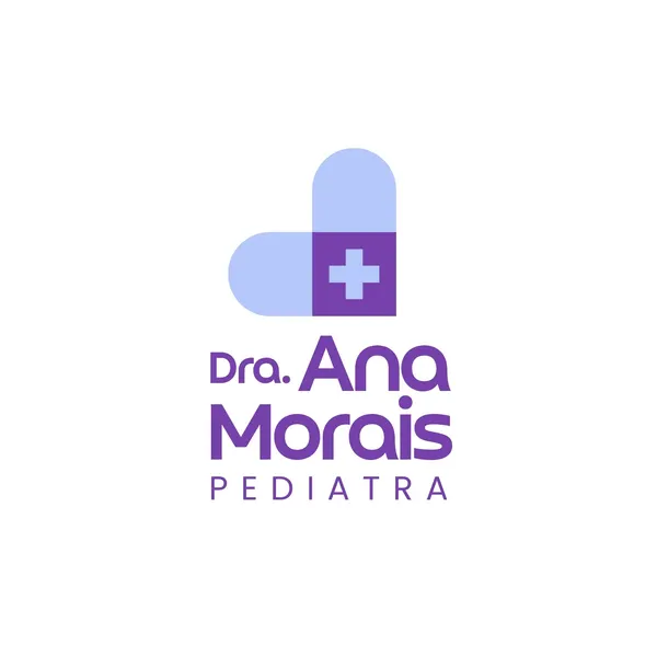 Logotipo para pediatra com o nome 'Dra. Ana Morais Pediatra'. O design apresenta um símbolo abstrato em forma de coração estilizado com um sinal de mais roxo no centro, nas cores roxo, lilás e branco, ideal para redes sociais.