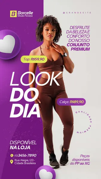 Story vertical para Instagram com fundo roxo vibrante e branco. Uma mulher atlética de pele escura e cabelo cacheado veste um conjunto fitness marrom, posando com confiança. O template destaca "LOOK DO DIA" em letras grandes, preços de top e calça, e informações de contato da loja Borcelle Moda Fitness, com elementos gráficos de corações.