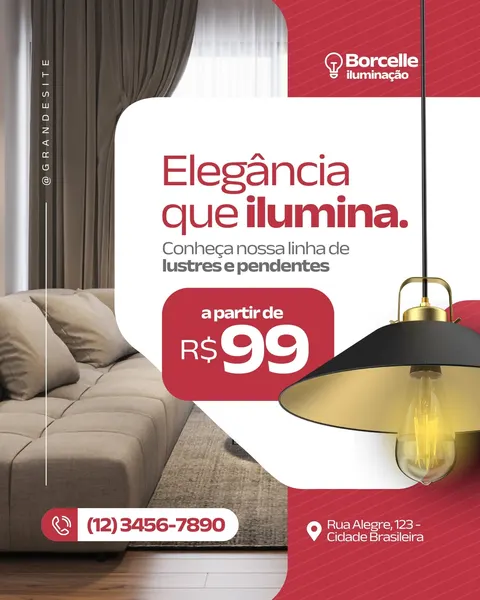 Post para Instagram com fundo vermelho e branco, exibindo um lustre clássico preto com detalhes dourados e uma lâmpada incandescente. Texto destaca 'Elegância que ilumina' e 'a partir de R$99'.