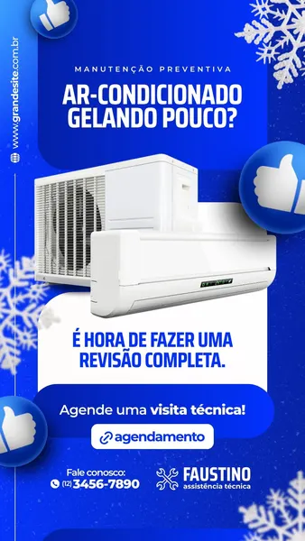 Template de Instagram Story em tons de azul e branco para assistência técnica de ar-condicionado. Apresenta unidades de ar-condicionado (interna e externa) e flocos de neve, com a pergunta 'Ar-condicionado gelando pouco?'. Inclui um botão de 'agendamento' e informações de contato, promovendo manutenção preventiva e revisão completa.