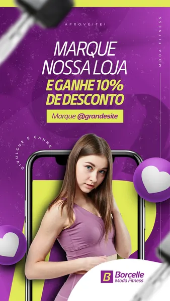 Story de Instagram vibrante em roxo e verde neon, com uma mulher vestindo roupa fitness lilás. O design moderno destaca a promoção "Marque Nossa Loja e Ganhe 10% de Desconto", com elementos como um celular, halteres desfocados e corações roxos. Ideal para lojas de moda fitness divulgarem ofertas e incentivarem o engajamento.