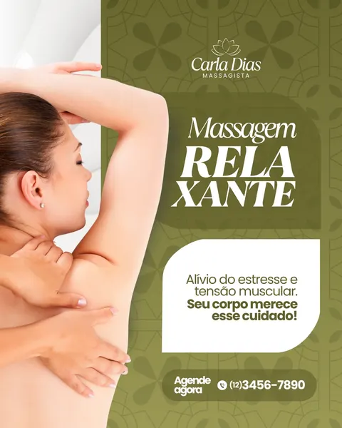 Post para Instagram com fundo verde texturizado, apresentando uma mulher recebendo massagem relaxante nos ombros. O texto em destaque "Massagem RELAXANTE" convida ao agendamento, com informações de contato e um subtítulo sobre alívio do estresse.