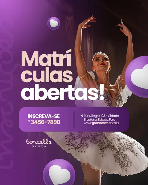 Post para Instagram e Facebook com fundo roxo vibrante e uma bailarina em pose clássica, vestindo tutu branco e tiara. O texto principal "Matrículas abertas!" em branco e bege destaca-se. Há caixas de texto roxas para contato e endereço, além de corações flutuantes. O design transmite elegância e convite à dança, ideal para divulgação de cursos.