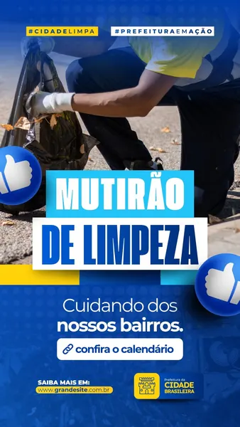 Template de Story para Instagram com fundo azul escuro e detalhes em amarelo. Um homem com luvas recolhe lixo em um saco preto. O texto principal diz 'MUTIRÃO DE LIMPEZA' e 'Cuidando dos nossos bairros. confira o calendário'.