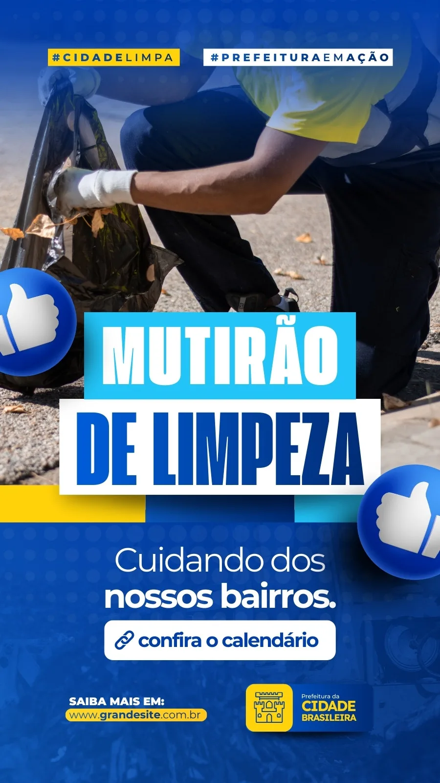 Template de Story para Instagram com fundo azul escuro e detalhes em amarelo. Um homem com luvas recolhe lixo em um saco preto. O texto principal diz 'MUTIRÃO DE LIMPEZA' e 'Cuidando dos nossos bairros. confira o calendário'.