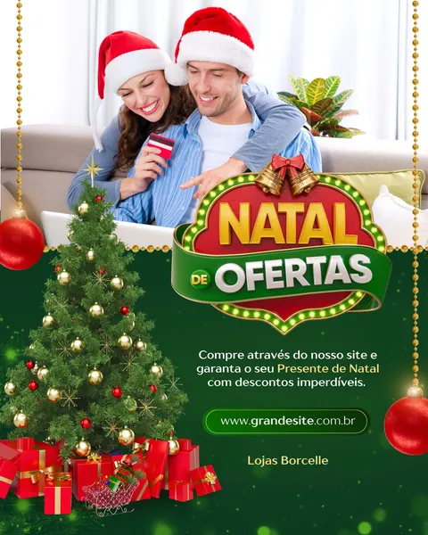 Imagem festiva de Natal com um casal sorridente usando gorros de Papai Noel, comprando online com cartão de crédito. Ao lado, uma árvore de Natal decorada com presentes vermelhos e dourados. O banner 'Natal de Ofertas' em destaque, com fundo verde escuro e detalhes vermelhos e dourados, cria um clima de celebração e compras.