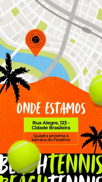 Story para Instagram com fundo de mapa estilizado em tons de laranja, verde e branco. Elementos gráficos de bolas de beach tennis e palmeiras. Texto principal 'Onde Estamos' e informações de endereço e quadra próxima.