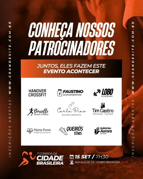 Post para Instagram com fundo escuro e detalhes em laranja, apresentando o título 'Conheça Nossos Patrocinadores'. Abaixo, logos de empresas como Hanover Crossfit, Faustino Suplementos, Lobo Academia, Borcelle Moda Fitness, Carla Dias Nutricionista, Tim Castro Personal Trainer, Marta Peres Cardiologista, Queirós Tênis e Indústrias Aurora. Na parte inferior, informações sobre a '1ª Corrida da Cidade Brasileira' com data e local.