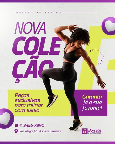 Post de Instagram vibrante para moda fitness. Apresenta uma mulher atlética em roupa preta, em pose dinâmica, sobre fundo branco texturizado com faixas roxas e verde-limão. O design moderno destaca "Nova Coleção" e "Moda Fitness", com corações roxos e informações de contato, ideal para lojas de roupas esportivas.