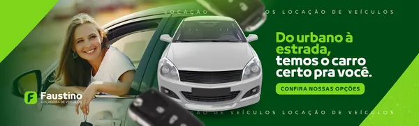 Banner horizontal para locadora de veículos com fundo verde escuro e detalhes em verde limão. À esquerda, uma mulher sorridente com cabelos loiros se inclina para fora da janela de um carro. Ao centro, um carro sedan branco e chaves de carro em primeiro plano. O texto promocional destaca 'Do urbano à estrada, temos o carro certo pra você' com um botão 'Confira nossas opções'.
