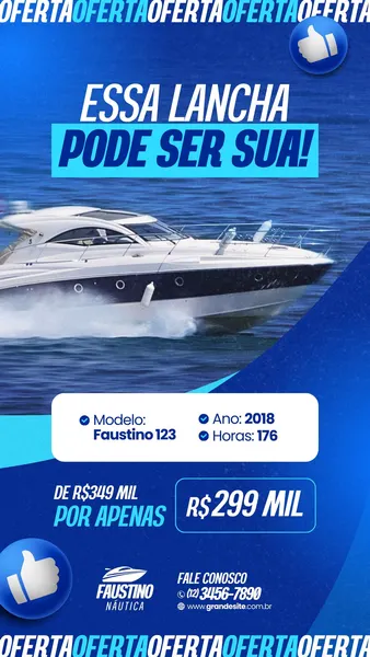 Template de Story para Instagram com fundo azul e branco, apresentando uma lancha branca em movimento na água. O texto em destaque anuncia uma oferta especial, com detalhes do modelo, ano, horas de uso e preço promocional. Inclui logo da empresa náutica e informações de contato.