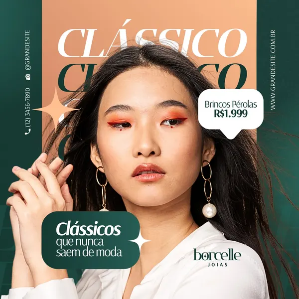 Post para Instagram de joalheria com oferta de brincos de pérolas. Uma modelo asiática com maquiagem vibrante usa brincos de pérola dourados. O post tem fundo verde e bege, com texto 'Clássicos que nunca saem de moda' e o preço R$1.999.