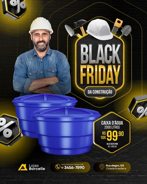 Post para Instagram anunciando Black Friday de caixas d'água para construção. Um homem de capacete sorri ao lado de caixas d'água azuis e ferramentas. O texto destaca a oferta com um preço promocional e o logo da loja.