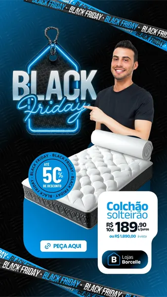 Um homem sorridente aponta para um colchão solteirão em promoção de Black Friday. O design moderno em preto e azul destaca o desconto de 50% e o preço especial, com a logo da loja.