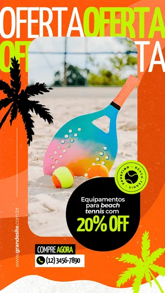 Story de Instagram com fundo laranja e verde neon, apresentando uma raquete de beach tennis colorida e bolas sobre a areia. Destaca uma oferta de 20% OFF em equipamentos e um botão 'Compre Agora'.