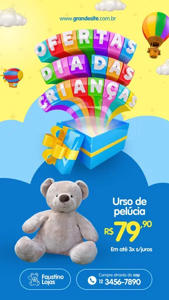 Um template de Story para Instagram com tema de Dia das Crianças, apresentando um urso de pelúcia cinza sentado, uma caixa de presente azul aberta com luzes brilhantes e o texto 'Ofertas Dia das Crianças' em letras coloridas e 3D. O fundo é amarelo e azul com nuvens e balões.