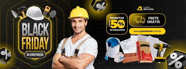 Banner horizontal preto e amarelo para Black Friday de material de construção. Um homem de capacete sorri no centro, com ferramentas e materiais de construção ao redor. Destaques para "Black Friday da Construção", "Produtos com até 50% de desconto" e "Frete Grátis".