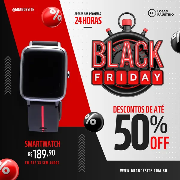 Post para Instagram e Facebook anunciando oferta de Smartwatch na Black Friday. O template tem fundo dividido em preto e vermelho, com um smartwatch moderno em destaque. O texto principal exibe 'Black Friday', 'Descontos de até 50% OFF' e o preço do produto.