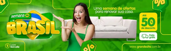 Banner horizontal verde e amarelo vibrante para loja de móveis, promovendo a Semana do Brasil com ofertas de até 50% de desconto e frete grátis. Uma mulher sorridente aponta para um sofá branco elegante.