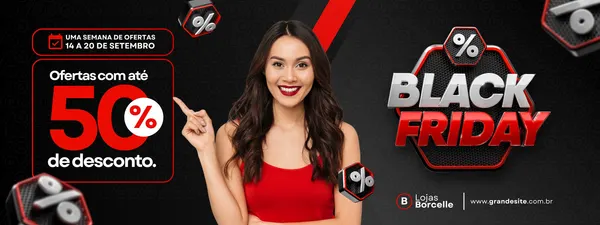 Banner horizontal para Black Friday com fundo preto, texto 'Black Friday' em 3D, uma mulher sorridente vestindo vermelho e um grande destaque para 'Ofertas com até 50% de desconto'. Ideal para lojas de celular.