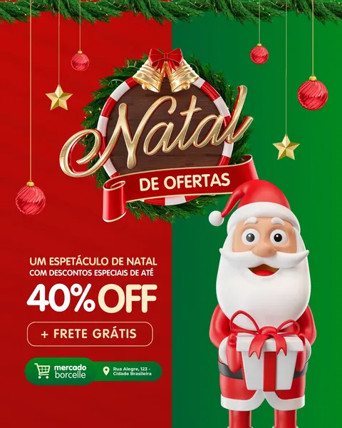 Post de Natal vibrante em vermelho e verde, com um Papai Noel 3D segurando um presente. No centro, uma coroa de Natal com o texto 'Natal de Ofertas' em dourado. Inclui detalhes de '40% OFF + FRETE GRÁTIS' e ícone de carrinho de supermercado, ideal para promoções de fim de ano e vendas.